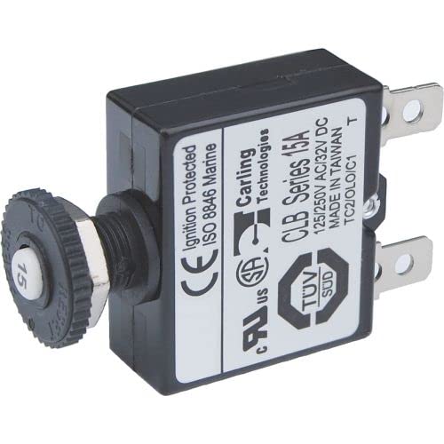 Blue Sea Systems Bs-7056 / Circuit Breaker, Push-To-Reset Only, Panel Mount, Dc 15 Amp, Mfg# 7056, Non-Switchable, Thermal, 32 Vdc Max. 3/8" Diameter Panel Opening. 1.4"H X .57"W X 2.3"D. 1/4" Blade Quick Disconnect Terminals. #TOP5
