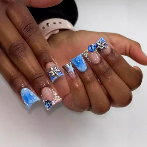 Image of Blue Duck Nail Press ons Star Fake Nails Water Drop with Design Spindrift Glue on Nails French Tip Press on Nails Glossy Artificial Acrylic Nail Eye Rhinestone Stick on Nail for Women Manicure 24Pcs