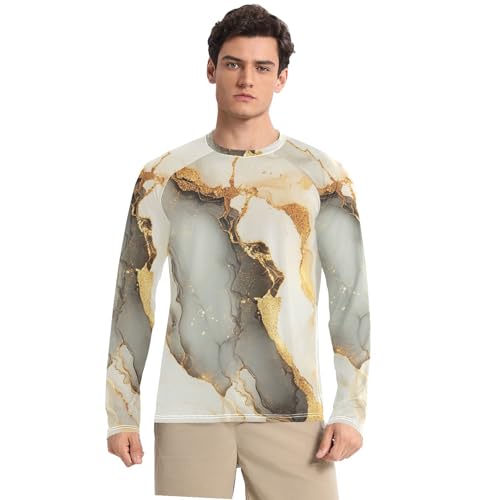 Marble White Yellow UPF 50+ Sun Shirts for Men Breathable Loose Mens Sun Protection Long Sleeve Summer