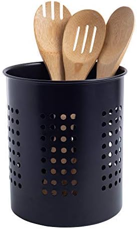 Palais Essentials Stainless Steel Kitchen Utensil Holder - Crock Organizer Caddy - Great for Large Cooking Tools (6.3" Diameter X 7"H, Black with Holes Design)