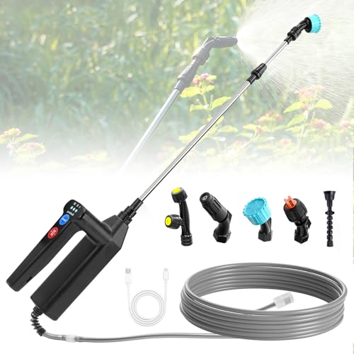 Lotvic Pulverizador eléctrico para plantas, 8 m, pistola pulverizadora de jardín, con 5 boquilla ajustable, 3 velocidades de bomba pulverizadora y indicador de batería, para jardín, sótano, césped
