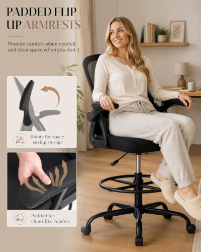 Image of Drafting Chair with Tall Office Chair for Standing Desk | Flip-up Armrests, Adjustable Lumbar Support, Height‑Adjustable Footrest Ring & Seat, Ergonomic Tall Desk Chair