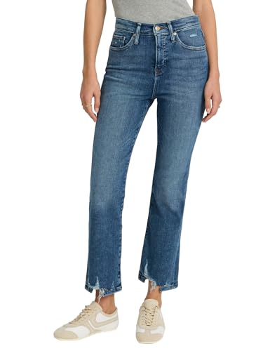 EXPRESS Women’s Cropped Flare Jeans – High Waisted Stretch Denim, Raw Hem – Medium Wash