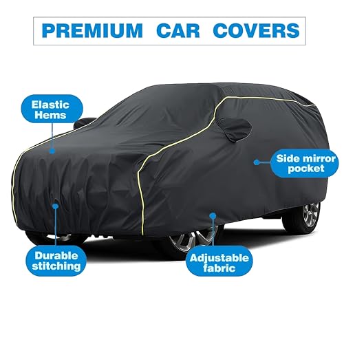 Image of Sulfar 100% Water Resistant Car Body Cover Compatible with Mirror for Toyota Previa (Triple Stitched, Full Bottom Elastic, Dark Grey Taffeta with Yellow Piping)