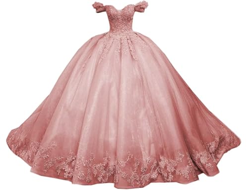 Mouccy Women's Princess Quinceanera Dresses Ball Gown for Guest Off Shoulder Lace Sweet 15 16 Prom Gowns Dusty Rose Pearly Evening Gowns 8