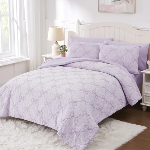 Image of Full Size Comforter Sets with Sheets for Girls-7 Pieces Bow Bed in A Bag | Soft Jacquard Full Size Bedding Sets with Light Purple Comforter, Pillowcases & Shams, 76 inch X 86 inch