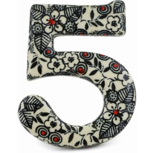 Authentic Polish Pottery House Number FIVE (Five) Signature UNIKAT in Classic Black And White Design Handmade in Boles?awiec Poland by Ceramika Artystyczna + Certificate of Authenticity