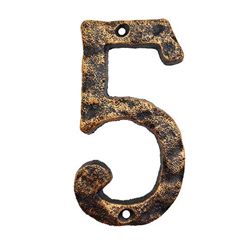 Números de casa de 6 pulgadas, número de dirección de casa de hierro fundido rústico, con aspecto único martillado con acabado de latón antiguo desigual, número 5