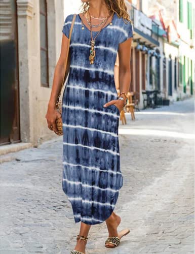 Image of Women Summer Casual Maxi Dress Floral Printed Loose Pockets Short Sleeve Split Boho Dresses