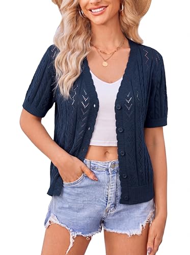 Newshows Cardigans Mujer Manga Corta Verano Ligero Chaqueta de Punto Crochet Cuello V Bolero Shrugs Top para Vestido, azul marino, S