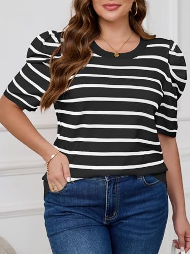 Beautife Womens Plus Size Short Puff Sleeve Sweater Tops Lightweight Striped T Shirts Summer Casual Crew Neck Knit Pullover4