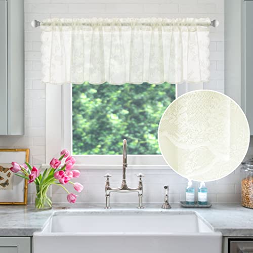 Miulee Lace Valances For Windows, Rod Pocket Sheer Curtain Valance Ecru Farmhouse Scalloped Floral Rose Embroidered Drape For Kitchen Living Room Bedroom Small Window Treatment, 1 Piece 58X16, Ivory #TOP29