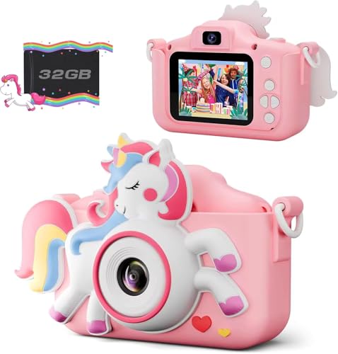 Diswoe Appareil Photo Enfant Selfie, Licorne Jouet Cadeau Filles de 3 à 12 Ans, HD Appareil Photo Numérique avec 32GB Carte et Etui en Cuir Anti-Chute Cadeau Garçons & Filles de Noël d'anniversaire
