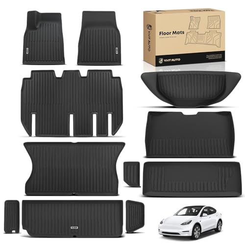 YHTAUTO Floor Mats & Cargo Liners for Tesla Model X 2022-2025 (5-Seat) TPE Custom Fit All Weather Floor Liners 1st & 2nd Row & Front & Rear Trunk Mat & Interlayer Pad in Trunk Set of 11 Black