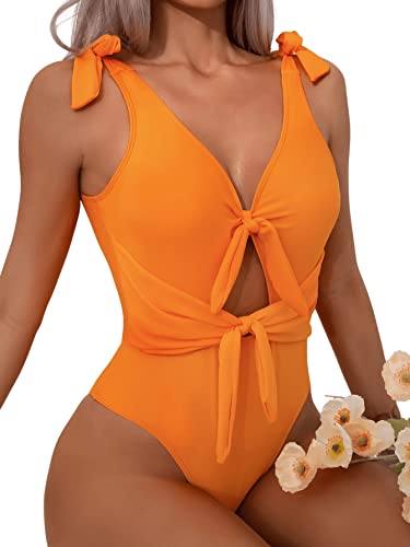 Floerns Women's Knot Front Cut Out Onepiece Swimsuit Monokini Bathing Suit Orange M #TOP4