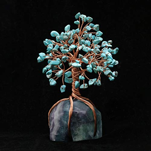 Image of Crocon Howlite Green Turquoise Gemstone Money Tree with Fluorite Rough Wire Wrapped Base | Feng Shui Bonsai | Ornament Figurine | Chakra Balancing | Reiki Crystal Healing | Spiritual | Decor Size 5-6 inch | Copper wire, fluorite rough base, feng shui bonsai Ornament Chakra Balancing Reiki Crystal Healing Spiritual Decor Size 5-6 inch