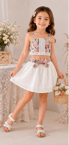 Image of TAGAS Girls Girls Floral Crop Top and White Lace Skirt Set - Summer Sleeveless 2-Piece Outfit with Bow Belt - Casual Party Dress for Kids