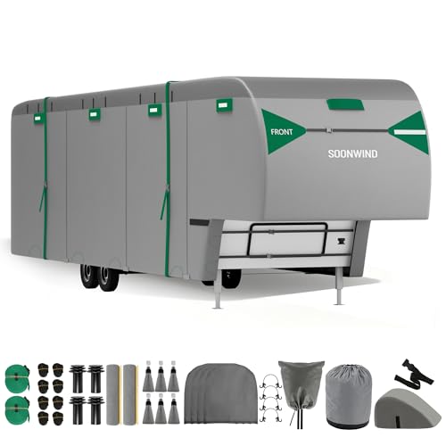 SOONWIND Heavy Duty 7 Layers 5th Wheel RV Cover, Camper Cover & Travel Trailer Cover 31-34ft, Waterproof Windproof All-Weather Protection with Gutter & Tongue Jack Covers Reinforced Straps - Green