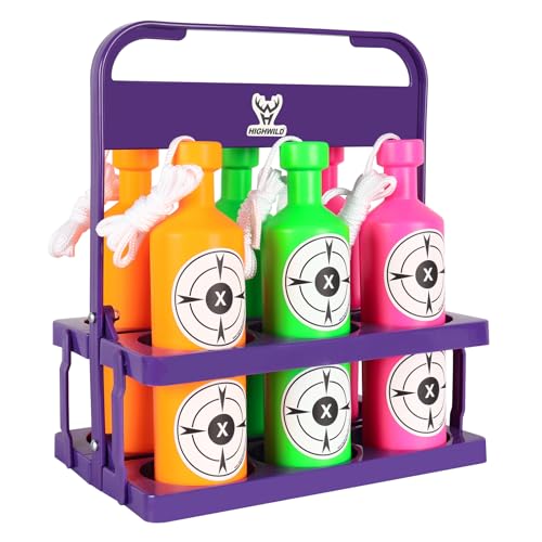 Highwild Plastic Bottle Targets for Shooting - 6 Neon Bottles with Hanging Rope - Includes Foldable Storage Rack - Ideal for Indoor and Outdoor Training (Orange/Green/Pink)