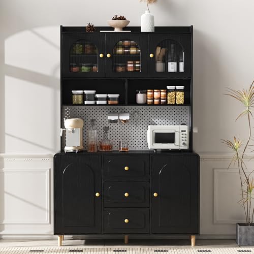 Raeln aparador de Cocina 120cm Negro alacena Tablero Perforado Patas Madera Tres cajones Muebles auxiliares Soporte despensa Vitrina Almacenamiento Comedor Salon pasillos