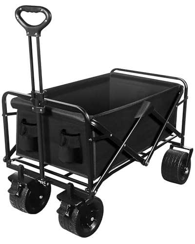 Festival Trolley on Wheels, Folding Camping Wagon with Adjustable Handle & Cover Bag, Collapsible Beach Cart Foldable for Outdoor Garden Picnic Shopping 100KG Capacity, Black