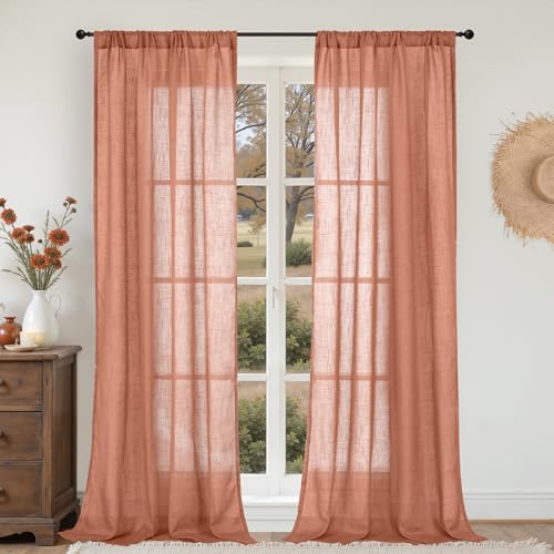 Image of BGment Linen Curtains 84 Inch Length for Living Room, Terracotta Semi Sheer Drapes Rustic Textured for Bedroom Office Decor with Rod Pocket Lightweight,2 Panels Set, Each 42 Inch Wide