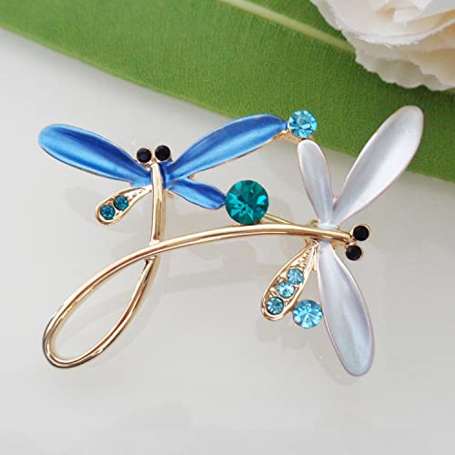 Image of Navachi 18k Gold Plated Multicolor Enamel White Crystal Double Dragonfly Wings Brooch Pins