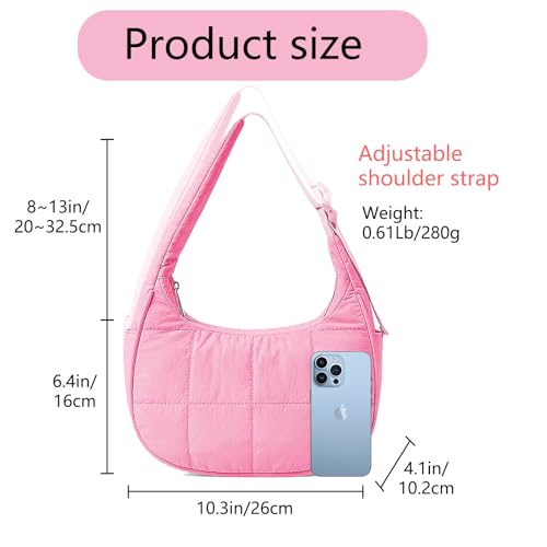 Image of Small Puffer Bag, Crescent Shoulder Bag for Women,Nylon Quilted Tote Handbags with Adjustable Strap (Rose rde)