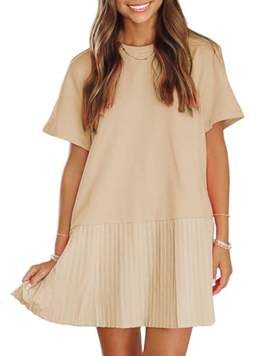 Image of EXLURA Womens Summer Casual Short Sleeve Dress Crewneck Tshirt Dresses Pleated Aline Mini Dress 2025 Vacation Beach Sundress
