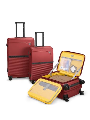 Image of EUME Aerotop Cabin, Checkin Medium & Large Trolley Bag Set of 3 | Space Saving Top Open Suitcase | Expandable Hard Polycarbonate Luggage | TSA Lock, Anti Theft Zipper, Silent Wheels | Carmine Red