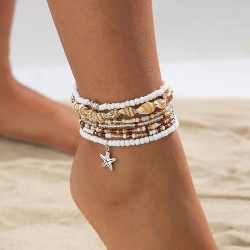 Image of Nanafast Beaded Boho Anklets for Women, Beachy Shell Anklets for Women, Puka Shell & Starfish Charms Beach Jewelry Adjustable