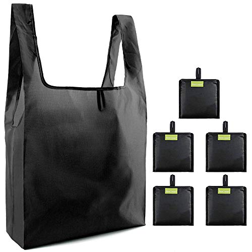 BeeGreen Black Reusable Shopping Bags Foldable Large Grocery Bags with Attach Pocket Reusable Tote Bags Machine Washable for Kitchen Shopping 5 Pack