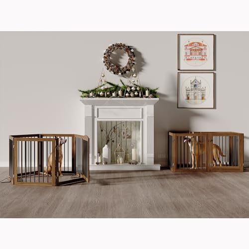 Folding-Pet-Gate-144-Wide-30-Tall-No-Assembly-Wooden-Dog-Gate-with-Door-Walk-Through-Freestanding-Pet-Gate-Puppy-Safety-Fence-with-2PCS-Support-Brown