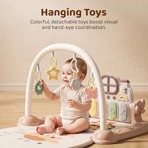 Image of Baybee 2 IN 1 Premium Play Gym for Babies I Baby Playing mat for Kids with Lights, Music & Hanging Toys I Portable Play Mat for New Born Baby with Growth Scale I Learning Baby Toys for 0 to 3 Year (Pink)