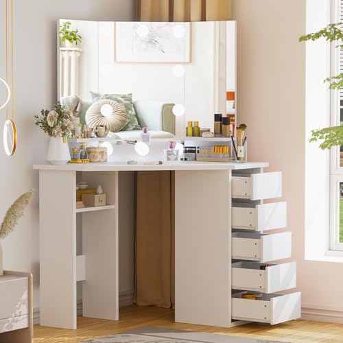 Likein Corner Vanity Desk with Mirror and Lights, White Makeup Vanity with 5 Drawers and Mirror for Women Girls, Dressing Table with 3 Lighting Modes Adjustable