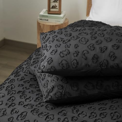 Image of Tufted Black Leopard Duvet Cover Queen Size,2 Pillow Shams, No Comforter | Button Closure,4 Corner Ties, All Seasons, Lightweight, Extra Soft, Leopard Print Textured, Queen Duvet Cover Set 90x90 in