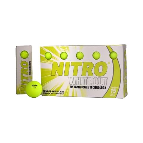Nitro Long Distance Peak Performance Golf Balls (15PK) All Levels White Out 70 Compression High Velocity White Hot Core Long Distance Golf Balls USGA Approved-Total of 15-Yellow Cover