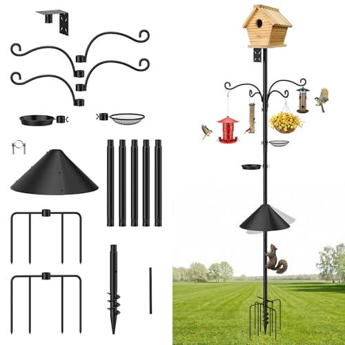 MoKo Bird Feeder Pole 92 inch Bird Feeding Station Heavy Duty with Squirrel Baffle and 9 Prong Base Includes Water Bowl and Mesh Tray for Feeding for Gardens and Courtyards No Bird House Black
