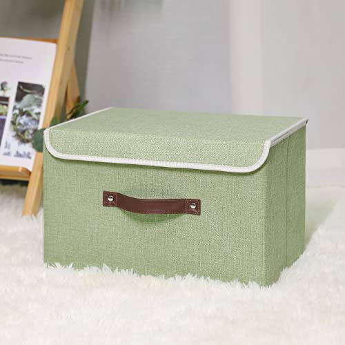 Anminy Storage Bin With Lid Storage Boxes With Pu Leather Handles Pp Plastic Board Decorative Foldable Lidded Cotton Linen Fabric Home Cubes Baskets Closet Organizer Container - Green, Large Size #TOP5