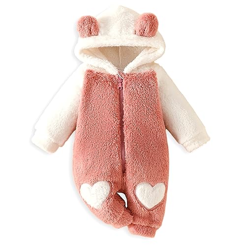 Image of AMAWMW Newborn Baby Girl Winter Outfit Fleece Hooded Jumpsuit Infant One Piece Romper Baby Snowsuit Clothes Baby Gifts Stuff, 0-3 Months, 230703, Pink White Heart