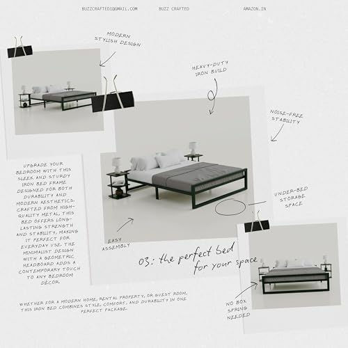 Image of Queen Size Metal Bed Frame | Queen Metal Bed | QueenSize Iron Bed | Queen Steel Bed | Heavy Duty Platform Bed | Double Bed Cot | Steel Slat Bed Frame | Powder Coated | No Box Spring Needed | Black