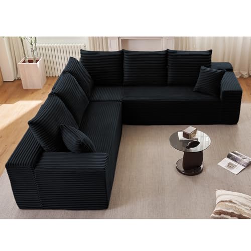 Image of Sectional Cloud Couch for Living Room, Modern Modular Floor Deep-Seat Sofa, Upholstered L Shaped Sofas, Big Comfy Corduroy Couches Set for Living Room Bedroom, No Assembly Required, Black
