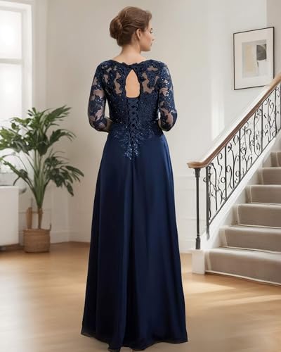 3/4 Sleeve Mother of The Bride Dresses Plus Size - Lace Chiffon V-Neck Long Mother of The Groom Dresses for Women3