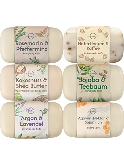 O Naturals 6 Stück festes Duschgel Naturkosmetik Vegane feuchtigkeitsspendende Körperwaschseife Seifenriegel therapeutischen ätherischen Ölen Gesicht Körper & Hände 678g - Geschenk Set zum Muttertag Cover