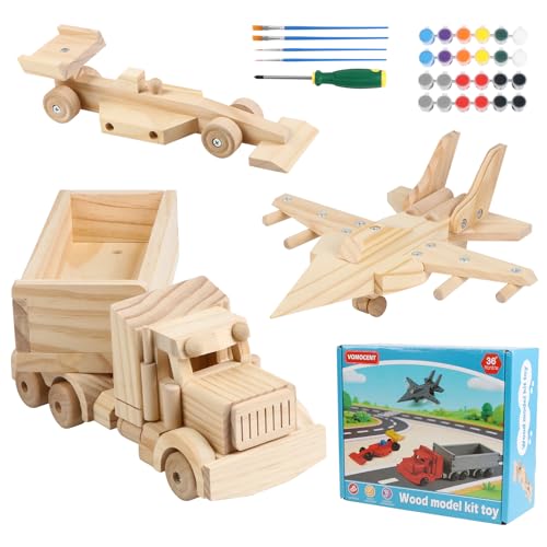 VOMOCNET 3 Pack DIY Wooden Model Building Kit Includes Fighter Jet Truck Race Car Paint Your Own Arts and Crafts STEM Toys Birthday Gifts for Boys Girls