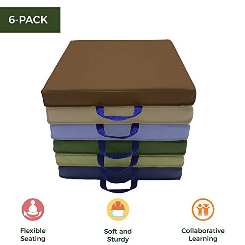 Image of Factory Direct Partners SoftScape 15 inch Square Classroom Floor Cushions with Handles; Flexible Seating for Daycare, Preschool, Playroom; 2 inch Thick Deluxe Foam (6-Piece) - Earthtone, 12228-ET