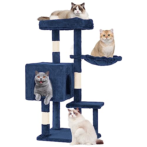 FDW 37.8 inch Cat Tree Cat Tower for Indoor Cats with Scratching Posts,Multi-Level Cat Furniture Activity Center Stand House Cat Condo Modern Cat Tower with Hanging Cradle & Funny Toy (Navy Blue)