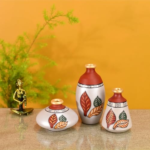 Image of Aakriti Art Creations Earthen Terracotta Vases Set of 3 | Handmade Silver Bloom Floral Art Flower Vases | Matte Finish Decorative Vases for Home Decor & Gifting