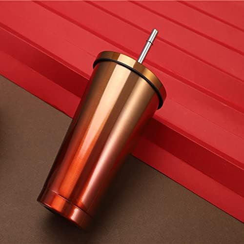 Stainless Steel Travel Mug with Straw and Lid, 500ml/17oz Travel Reusable Coffee Mug Travel Tumbler, Double Wall Vacuum Insulated Cup for Ice Cold or Warm Drinking(Gold Red)
