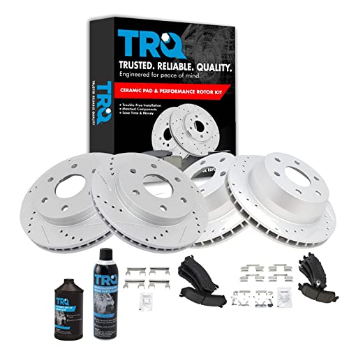 TRQ Front & Rear Brake Pad & Rotor Kit Performance Ceramic Premium G-Coated Slotted X Drilled Compatible with 2002 Chevrolet Avalanche 1500 Silverado 1500 2000-2001 Tahoe 2001 GMC Yukon